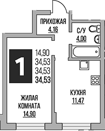 Планировка — Живописный, 1-комн., 35 м²