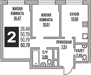Планировка — Живописный, 2-комн., 51 м²