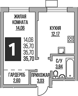 Планировка — Живописный, 1-комн., 36 м²