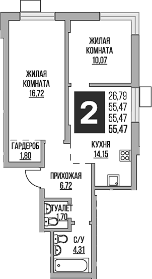 Планировка — Живописный, 2-комн., 55 м²