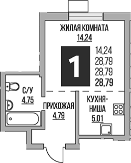 Планировка — Живописный, Студия, 29 м²