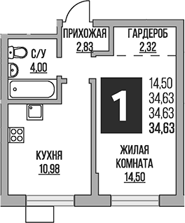 Планировка — Живописный, 1-комн., 35 м²