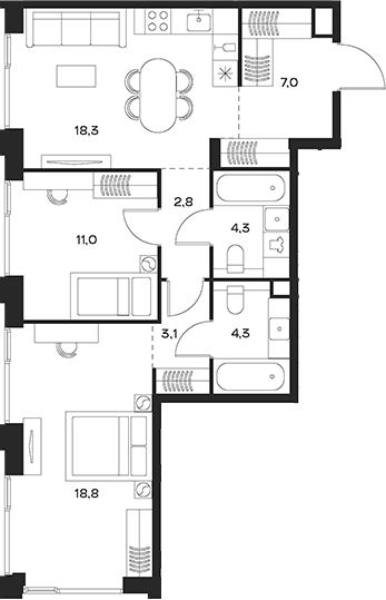 Планировка — Soul, 3-комн., 70 м²