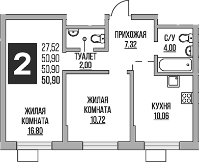 Планировка — Живописный, 2-комн., 51 м²