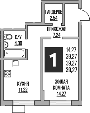 Планировка — Живописный, 1-комн., 39 м²