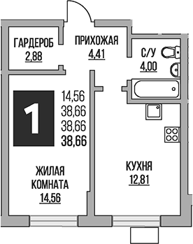 Планировка — Живописный, 1-комн., 39 м²