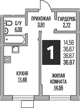 Планировка — Живописный, 1-комн., 37 м²