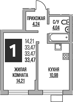 Планировка — Живописный, 1-комн., 33 м²