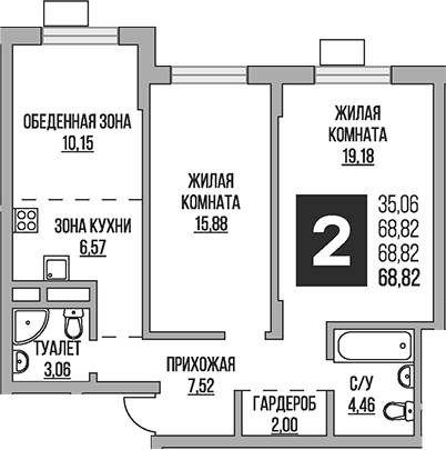 Планировка — Живописный, 3-комн., 69 м²