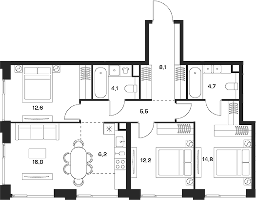 Планировка — Soul, 4-комн., 85 м²