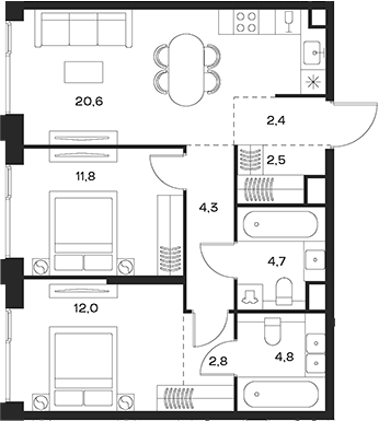 Планировка — Soul, 3-комн., 66 м²