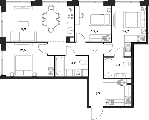 Планировка — Soul, 4-комн., 82 м²