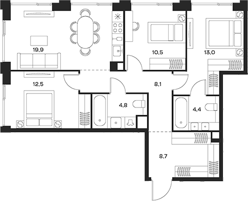 Планировка — Soul, 4-комн., 82 м²