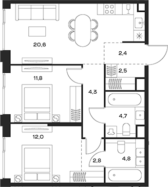 Планировка — Soul, 3-комн., 66 м²