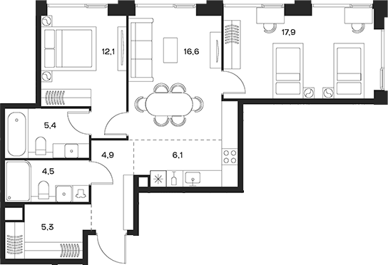 Планировка — Soul, 3-комн., 73 м²