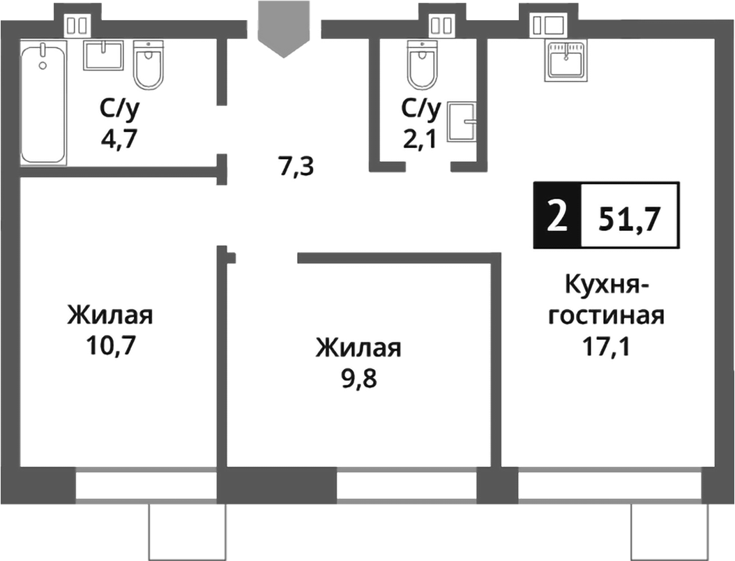 Планировка — Никольский квартал Отрада, 3-комн., 52 м²