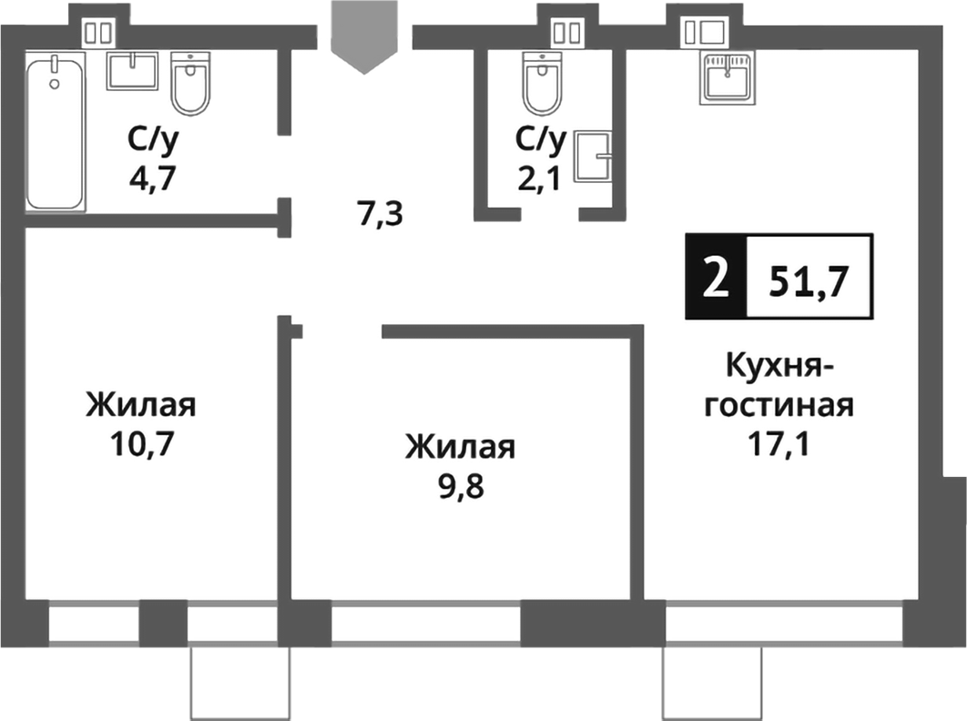Планировка — Никольский квартал Отрада, 3-комн., 52 м²