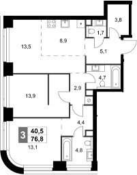 Планировка — Amber City, 3-комн., 77 м²