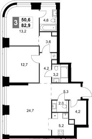 Планировка — Amber City, 3-комн., 83 м²