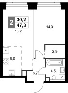 Планировка — Amber City, 2-комн., 47 м²