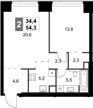 Планировка — Amber City, 2-комн., 54 м²