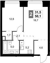 Планировка — Amber City, 2-комн., 50 м²