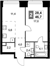 Планировка — Amber City, 2-комн., 47 м²