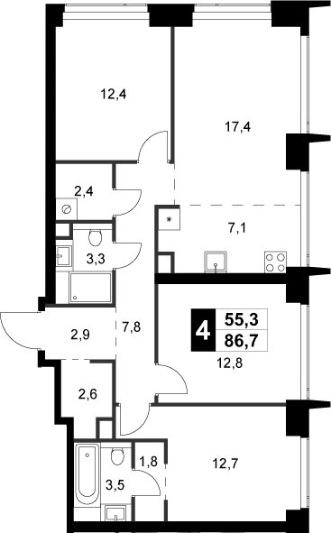 Планировка — Amber City, 4-комн., 87 м²