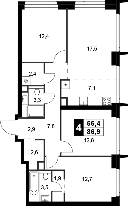 Планировка — Amber City, 4-комн., 87 м²