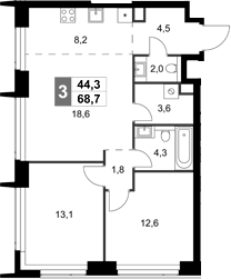 Планировка — Amber City, 3-комн., 69 м²