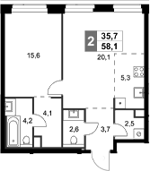 Планировка — Amber City, 2-комн., 58 м²