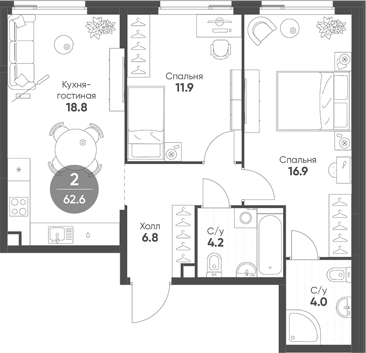 Планировка — Shagal, 3-комн., 63 м²