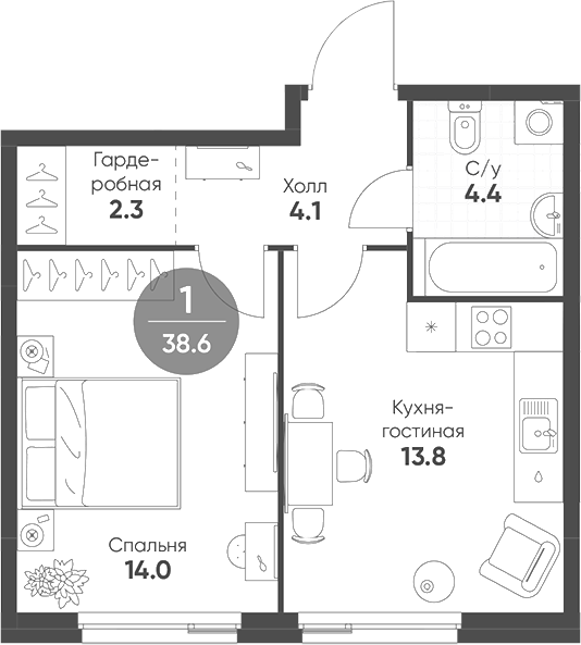 Планировка — Shagal, 2-комн., 39 м²