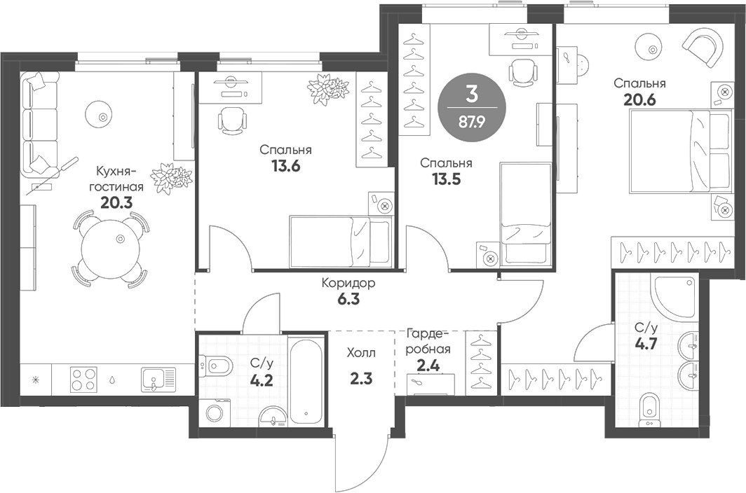 Планировка — Shagal, 4-комн., 88 м²