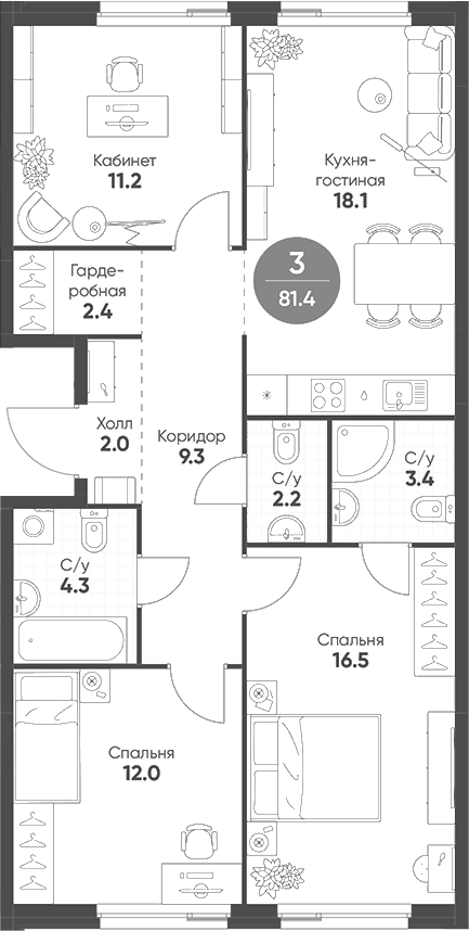 Планировка — Shagal, 4-комн., 81 м²