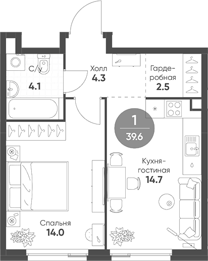 Планировка — Shagal, 2-комн., 40 м²
