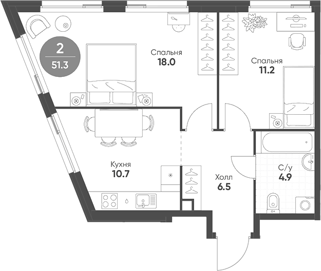 Планировка — Shagal, 2-комн., 51 м²