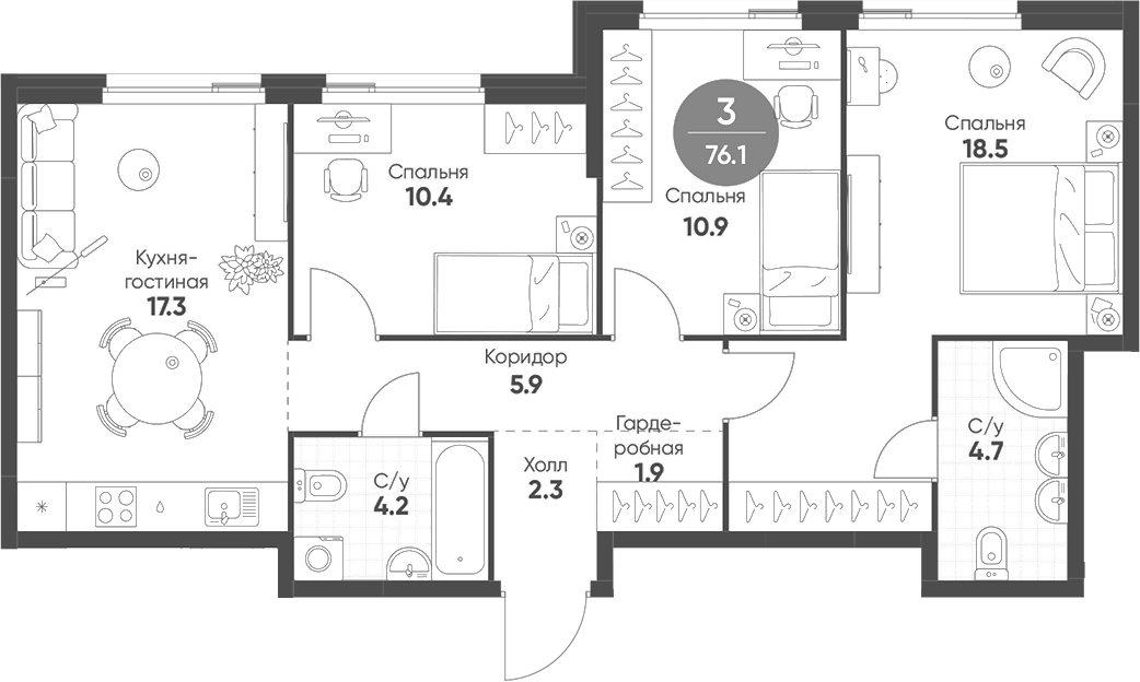 Планировка — Shagal, 4-комн., 76 м²