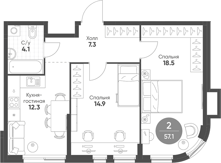 Планировка — Shagal, 3-комн., 57 м²