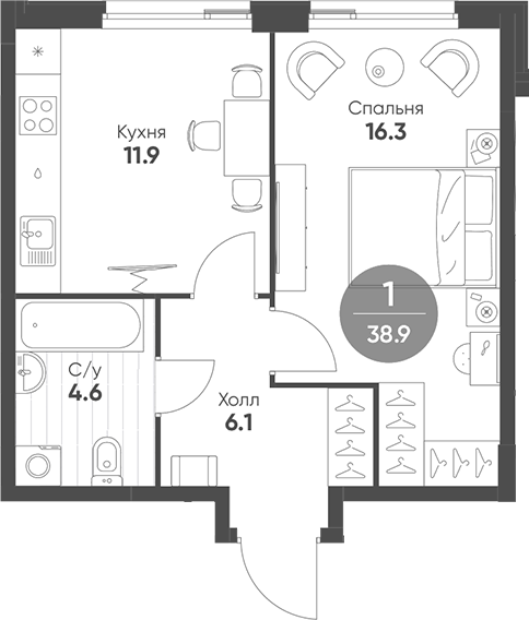 Планировка — Shagal, 1-комн., 39 м²