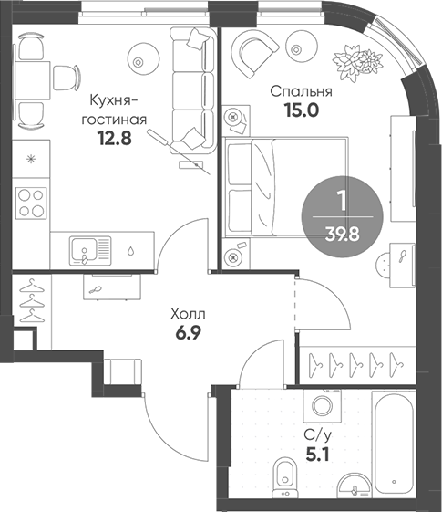 Планировка — Shagal, 2-комн., 40 м²