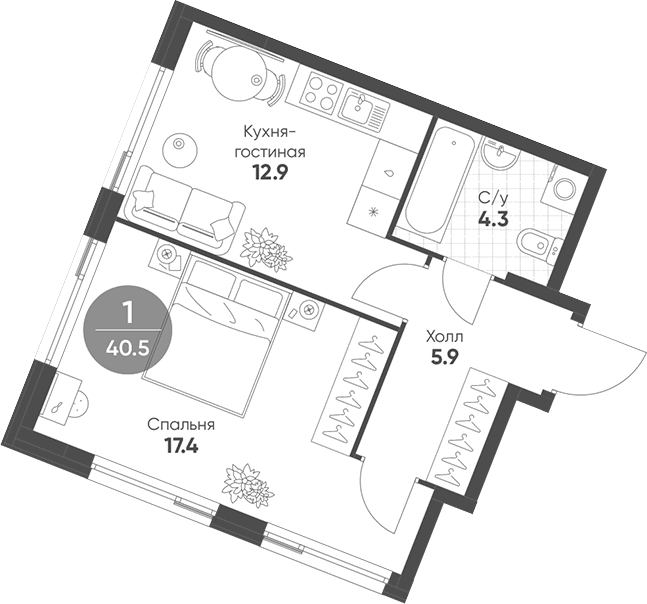Планировка — Shagal, 2-комн., 41 м²