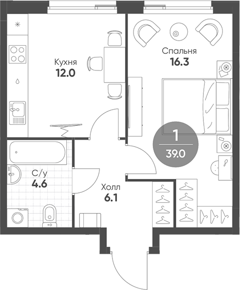 Планировка — Shagal, 1-комн., 39 м²