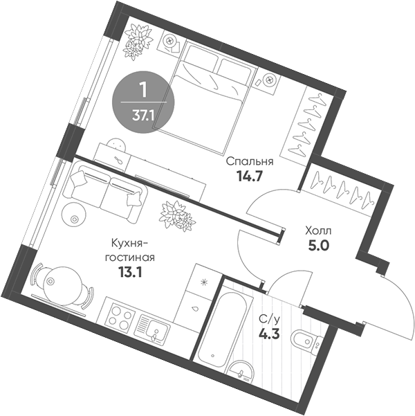 Планировка — Shagal, 2-комн., 37 м²