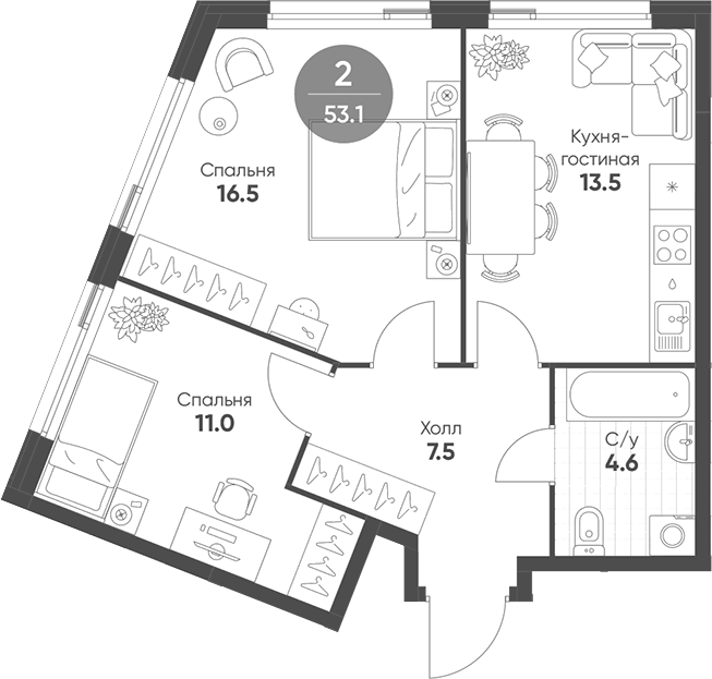 Планировка — Shagal, 3-комн., 53 м²