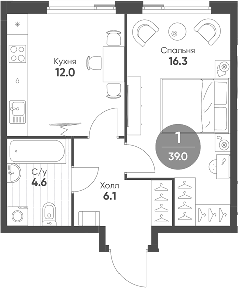 Планировка — Shagal, 1-комн., 39 м²