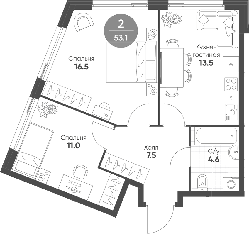 Планировка — Shagal, 3-комн., 53 м²