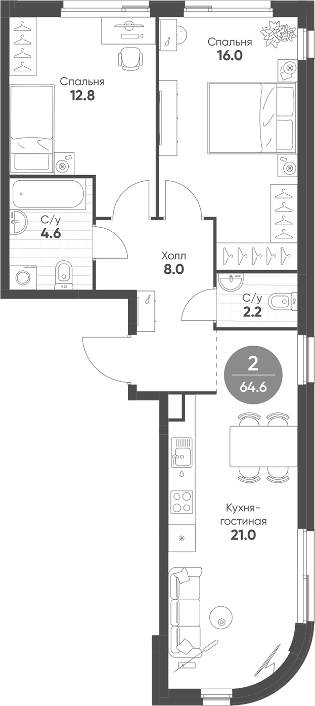 Планировка — Shagal, 3-комн., 65 м²