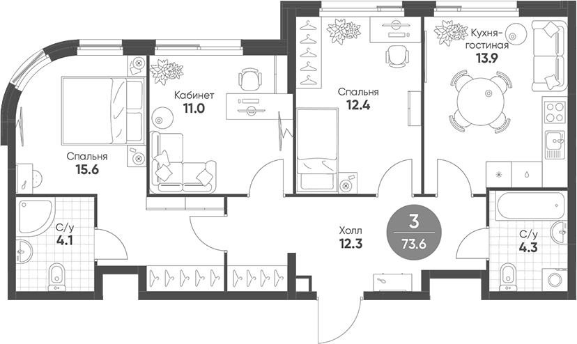 Планировка — Shagal, 4-комн., 74 м²