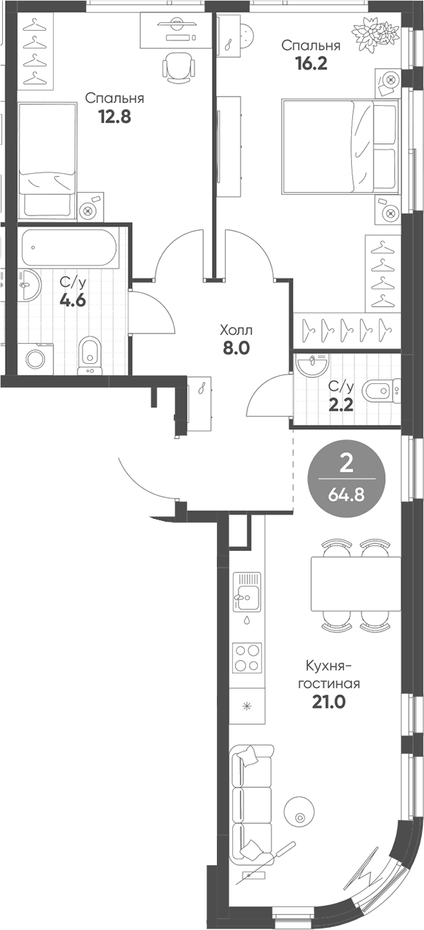 Планировка — Shagal, 3-комн., 65 м²